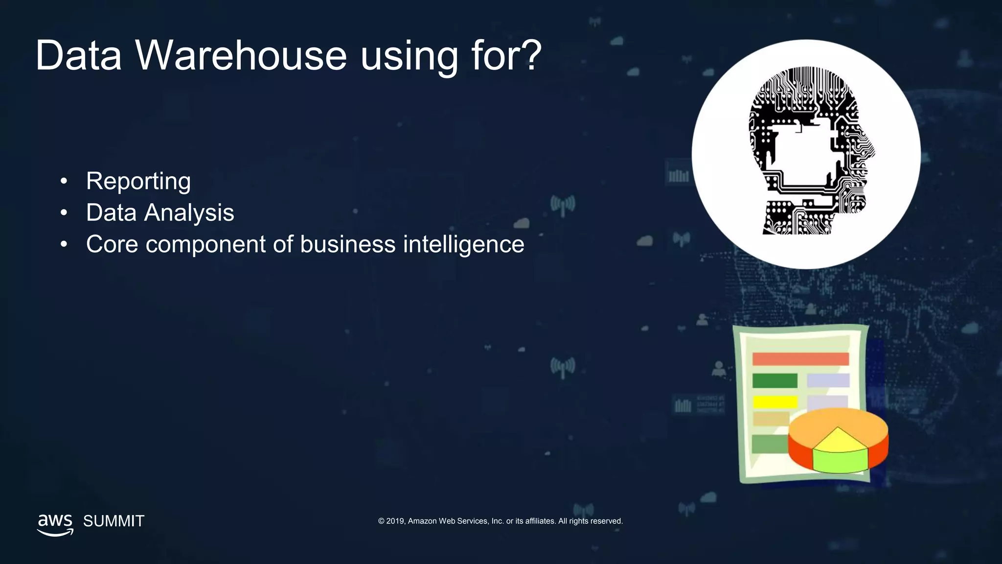 © 2019, Amazon Web Services, Inc. or its affiliates. All rights reserved.SUMMIT
Data Warehouse using for?
• Reporting
• Data Analysis
• Core component of business intelligence
 
