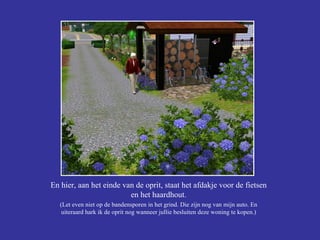En hier, aan het einde van de oprit, staat het afdakje voor de fietsen en het haardhout. (Let even niet op de bandensporen in het grind. Die zijn nog van mijn auto. En uiteraard hark ik de oprit nog wanneer jullie besluiten deze woning te kopen.) 
