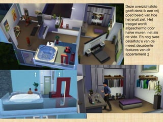 Deze overzichtsfoto
geeft denk ik een vrij
goed beeld van hoe
het eruit ziet. Het
trapgat wordt
afgeschermd door
halve muren, net als
de vide. En nog twee
detailfoto’s van de
meest decadente
features van dit
appartement ;)
 