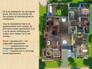 Dit is de plattegrond van de begane
grond, hier zie je de centrale hal,
met achterin de wellnessruimte en
meditatietuin.
Voor de duidelijkheid heb ik de
appartementen even omlijnd, dit
met name omdat appartement 2 en
3 op de eerste verdieping een
andere vorm hebben (er is wat
overlap).
Rood = appartement 1, het
vrijgezellen appartement
Groen = appartement 2, het
huisgenoten appartement
Blauw = appartement 3, het jonge
familie appartement.
 