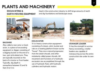 Used in the construction industry to shift large amounts of earth
and dig foundations and landscape areas
EXCAVATING &
EARTH MOVING EQUIPMENT
EXCAVATOR
It is a heavy construction equopment
consisting of a boom, stick, bucket and
cab on a rotating platform known as the
"house". They are a natural progression
from the steam shovels. and often
mistakenly called power shovels. All
movement and functions of a hydraulic
excavator are accomplished through the
use of hydraulic fluid, with hydraulic
cylinders and hydraulic motors
BACKHOE
Also called a rear actor or back
actor, is a piece of excavating
equipment or digger consisting of
a digging bucket on the end of a
two- part articulated arm. They
are typically mounted on the
back of a tractor or front loader.
Typically, dig depth is
somewhere between 12 and 16
feet (3 to 5 m).
CRAWLER LOADER
It has the strength to survive
heavy excavating. crawler
loaders are capable of
manoeuvring across the entire
construction site under its own
power
PLANTS AND MACHINERY
7
 