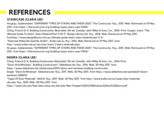REFERENCES
Ching, Francis D. K. Building Construction Illustrated. 5th ed. Canada: John Wiley & Sons, Inc., 2014. Print.
"Doors And Windows - Building Construction". Slideshare.net. N.p., 2016. Web. 20 May 2017, form
https://www.slideshare.net/ashishvasava1995/doors-and-windows-building-construction
Singla. "Doors & Windows". Slideshare.net. N.p., 2017. Web. 20 May 2017, from https://www.slideshare.net/parteeks9/doors-
windows-12082151
"Types Of Door Materials". BUILD. N.p., 2017. Web. 20 May 2017, from http://www.build.com.au/types-door-materials
uky.edu. N.p., 2010. Web. 20 May 2017, from
https://www.uky.edu/bae/sites/www.uky.edu.bae/files/Chapter%206%20Windows%20and%20Doors.pdf
STAIRCASE (CLARA LEE)
Anupoju, Sadanandam. "DIFFERENT TYPES OF STAIRS AND THEIR USES". The Constructor. N.p., 2015. Web. Retrieved on 19 May
2017, from https://theconstructor.org/building/types-stairs-uses/11304/
Ching, Francis D. K. Building Construction Illustrated. 5th ed. Canada: John Wiley & Sons, Inc., 2014. Print. Cooper, Liane. "The
Ultimate Guide To Stairs: Stairs Material Part 3 Of 3". Design Library AU. N.p., 2014. Web. Retrieved on 19 May 2017,
fromhttp://www.designlibrary.com.au/ultimate-guide-stairs-stairs-material-part-3-3/
"Staircase Materials Used By Arden". Arden.net.au. N.p., 2016. Web. Retrieved on 19 May 2017, from
http://www.arden.net.au/services/stairs-1/stairs-materials.aspx
Anupoju, Sadanandam. "DIFFERENT TYPES OF STAIRS AND THEIR USES". The Constructor. N.p., 2015. Web. Retrieved on 19 May
2017, from https://theconstructor.org/building/types-stairs-uses/11304/
DOORS (CLARA LEE)
 