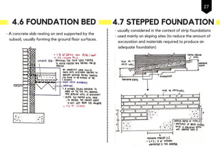 4.6 FOUNDATION BED
- A concrete slab resting on and supported by the
subsoil, usually forming the ground floor surfaces.
4.7 STEPPED FOUNDATION
- usually considered in the context of strip foundations
- used mainly on sloping sites (to reduce the amount of
excavation and materials required to produce an
adequate foundation)
27
 