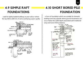 4.9 SIMPLE RAFT
FOUNDATIONS
- used for lightly loaded buildings on poor soils or where
the top 450 to 600 mm of soil is overlaying a poor-quality
4.10 SHORT BORED PILE
FOUNDATION
- a form of foundation which are suitable for domestic
loadings and clay subsoils where ground movements can
occur below the 1„000 depth associated with traditional
strip and trench fill foundations.
31
 