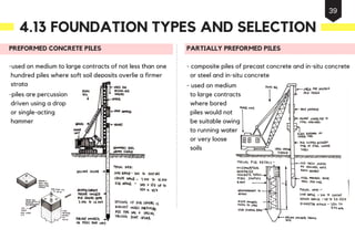 PREFORMED CONCRETE PILES
-used on medium to large contracts of not less than one
hundred piles where soft soil deposits overlie a firmer
strata
-piles are percussion
driven using a drop
or single-acting
hammer
PARTIALLY PREFORMED PILES
- composite piles of precast concrete and in-situ concrete
or steel and in-situ concrete
- used on medium
to large contracts
where bored
piles would not
be suitable owing
to running water
or very loose
soils
4.13 FOUNDATION TYPES AND SELECTION
39
 