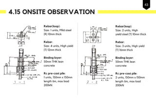 Rebar(loop):
Size: 1 units, Mild steel
(R) 10mm thick
Rebar:
Size: 4 units, High yield
(T) 12mm thick
Binding layer:
50mm THK lean
concrete
Rc pre-cast pile:
1 units, 150mm x 150mm
length 6m, max load
200kN
Rebar(loop):
Size: 2 units, High
yield steel (T) 10mm thick
Rebar:
Size: 3 units, High yield
(T) 16mm thick
Binding layer:
50mm THK lean
concrete
Rc pre-cast pile:
2 units, 150mm x 150mm
length 6m, max load
200kN
4.15 ONSITE OBSERVATION
43
 