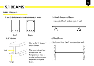 1. R.C.C (Reinforced Cement Concrete) Beam
Singly Doubly
2. I/H Beam
Has an I or H shaped
cross-section
The web resists shear
forces while the
flanges resist most of
the behinding moment
experienced by the
beam
Web
Flange
3. Simply Supported Beam
- Supported freely on two ends of wall
4. Fixed beam
- Both ends fixed rigidly on respective walls
TYPES OF BEAMS
5.1 BEAMS
48
 