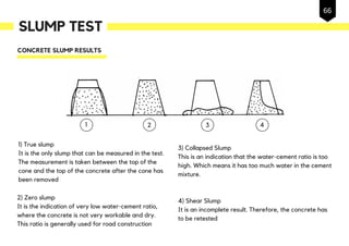 1) True slump
It is the only slump that can be measured in the test.
The measurement is taken between the top of the
cone and the top of the concrete after the cone has
been removed
2) Zero slump
It is the indication of very low water-cement ratio,
where the concrete is not very workable and dry.
This ratio is generally used for road construction
3) Collapsed Slump
This is an indication that the water-cement ratio is too
high. Which means it has too much water in the cement
mixture.
4) Shear Slump
It is an incomplete result. Therefore, the concrete has
to be retested
CONCRETE SLUMP RESULTS
1 2 3 4
SLUMP TEST
66
 