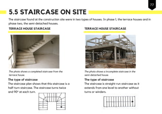 5.5 STAIRCASE ON SITE
The staircase found at the construction site were in two types of houses. In phase 1, the terrace houses and in
phase two, the semi-detached houses.
TERRACE HOUSE STAIRCASE TERRACE HOUSE STAIRCASE
The type of staircase
The staircase plan shows that this staircase is a
half-turn staircase. The staircase turns twice
and 90° at each turn.
The photo shows a completed staircase from the
terrace house.
The type of staircase
The staircase is straight-run staircase as it
extends from one level to another without
turns or winders.
The photo shows a incomplete staircase in the
semi-detached house.
77
 