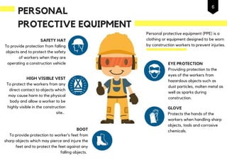 PERSONAL
PROTECTIVE EQUIPMENT
SAFETY HAT
To provide protection from falling
objects and to protect the safety
of workers when they are
operating a construction vehicle EYE PROTECTION
Providing protection to the
eyes of the workers from
hazardous objects such as
dust particles, molten metal as
well as sparks during
construction.
HIGH VISIBLE VEST
To protect the workers from any
direct contact to objects which
may cause harm to the physical
body and allow a worker to be
highly visible in the construction
site..
GLOVE
Protects the hands of the
workers when handling sharp
objects, tools and corrosive
chemicals.
Personal protective equipment (PPE) is a
clothing or equipment designed to be worn
by construction workers to prevent injuries.
BOOT
To provide protection to worker’s feet from
sharp objects which may pierce and injure the
feet and to protect the feet against any
falling objects.
6
 