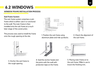 6.2 WINDOWS
WINDOW FRAME INSTALLATION PROCESS
1. Position the sub frame using
aluminium plate and ride up blocks.
88
2. Check the alignment of
the sub frame.
3. Anchor the sub frame to
the rough opening.
4. Seal the anchor heads and
the joints with the wall with
protection tape on the frame.
5. Placing main frame on to
the sub frame. Millet is use to
knock the finishing trim..
Sub Frame System
The sub-frame system comprises a sub-
frame which is either cast in or anchored
to the wall. The main frame is then
installed onto the sub frame at a much
later stage of the construction.
This process was used to install the frame
onto the rough opening at the site.
 