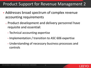 © 2016 Leeyo Software, Inc. CONFIDENTIAL AND PROPRIETARY - FOR INTERNAL USE ONLY - ALL RIGHTS RESERVED© 2015 Leeyo Software, Inc. CONFIDENTIAL AND PROPRIETARY - FOR INTERNAL USE ONLY - ALL RIGHTS RESERVED
Product Support for Revenue Management 2
 Addresses broad spectrum of complex revenue
accounting requirements
o Product development and delivery personnel have
requisite and essential:
• Technical accounting expertise
• Implementation / transition to ASC 606 expertise
• Understanding of necessary business processes and
controls
11
 