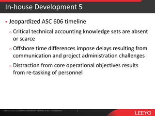 © 2016 Leeyo Software, Inc. CONFIDENTIAL AND PROPRIETARY - FOR INTERNAL USE ONLY - ALL RIGHTS RESERVED© 2015 Leeyo Software, Inc. CONFIDENTIAL AND PROPRIETARY - FOR INTERNAL USE ONLY - ALL RIGHTS RESERVED
In-house Development 5
 Jeopardized ASC 606 timeline
o Critical technical accounting knowledge sets are absent
or scarce
o Offshore time differences impose delays resulting from
communication and project administration challenges
o Distraction from core operational objectives results
from re-tasking of personnel
7
 