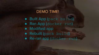 DEMO TIME!
● Built App (pack build)
● Ran App (docker run)
● Modiﬁed app
● Rebuilt (pack build)
● Re-ran app (docker run)
 