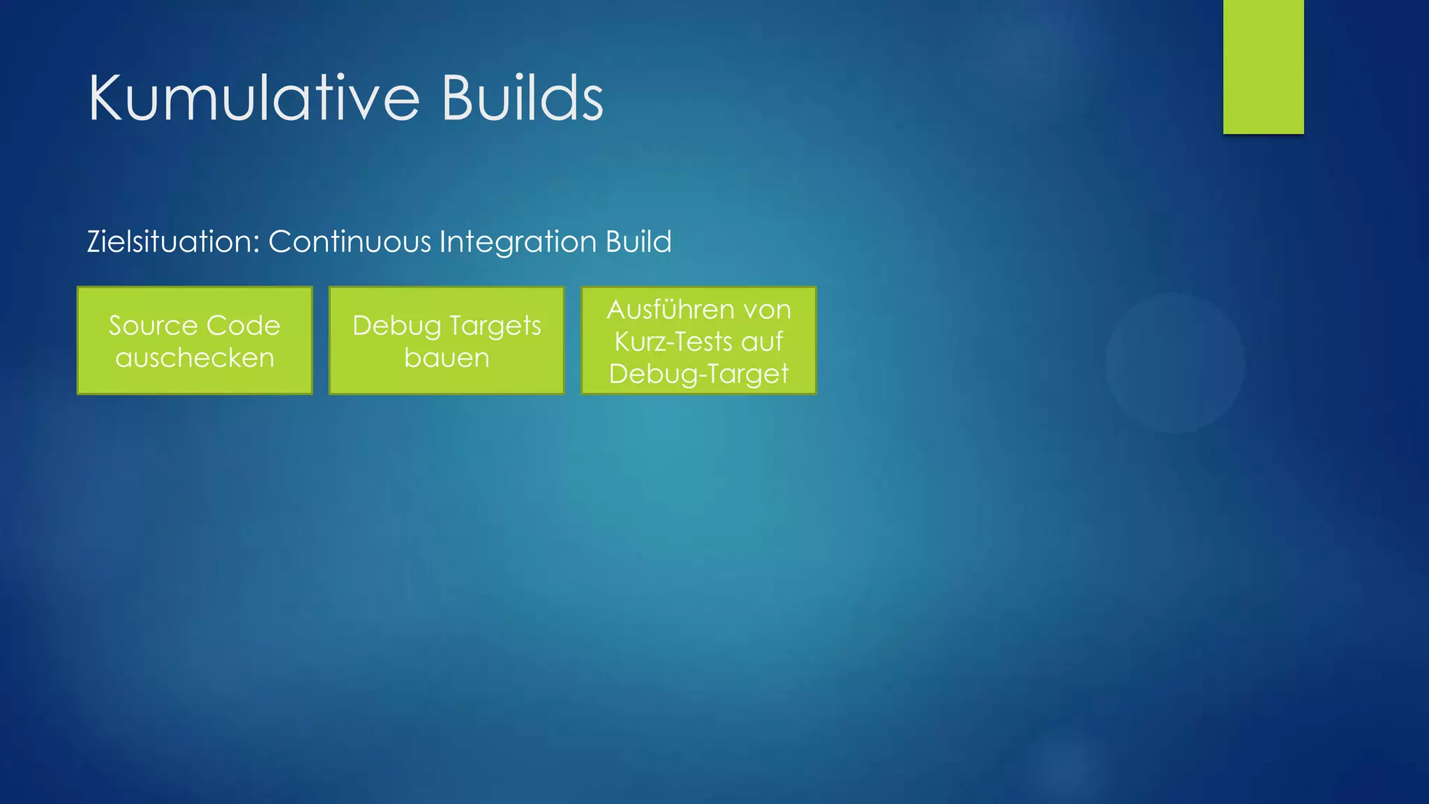 Kumulative Builds
Zielsituation: Continuous Integration Build
Source Code
auschecken

Debug Targets
bauen

Ausführen von
Kurz-Tests auf
Debug-Target

 