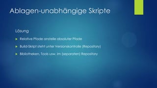 Ablagen-unabhängige Skripte
Lösung


Relative Pfade anstelle absoluter Pfade



Build-Skript steht unter Versionskontrolle (Repository)



Bibliotheken, Tools usw. im (separaten) Repository

 