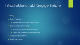 Infrastruktur-unabhängige Skripte
Lösung


Skript Variablen




Beispiel: Name der Build-Konfiguration

Skript Konfigurationsdatei


Sammlung mehrerer Skript Variablen



Vorteil: Alle Variablen an zentraler Stelle



Umgebungsvariablen



Skript Parameter

 