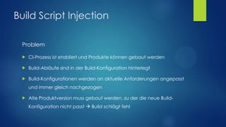 Build Script Injection
Problem


CI-Prozess ist etabliert und Produkte können gebaut werden



Build-Abläufe sind in der...