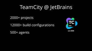 TeamCity @ JetBrains
2000+ projects
12000+ build conﬁgurations
500+ agents
est 2006
 