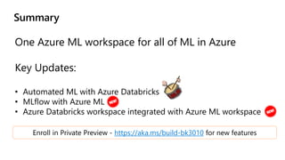 One Azure ML workspace for all of ML in Azure
Key Updates:
• Automated ML with Azure Databricks
• MLflow with Azure ML
• Azure Databricks workspace integrated with Azure ML workspace
https://aka.ms/build-bk3010 for new features
 