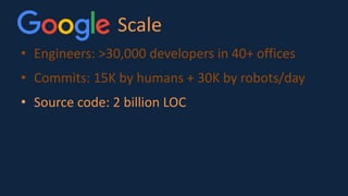Scale
• Engineers: >30,000 developers in 40+ offices
• Commits: 15K by humans + 30K by robots/day
• Source code: 2 billion LOC
 