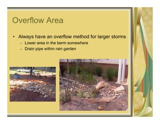 Overflow Area
• Always have an overflow method for larger storms
   – Lower area in the berm somewhere
   – Drain pipe within rain garden
 