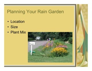 Planning Your Rain Garden

• Location
• Size
• Plant Mix
 