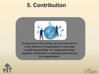 15
5. Contribution
Giving back to the society and environment is
a key element of organization’s corporate
social responsibility. An organization that
regularly contributes is positively perceived by
the stakeholders.
 