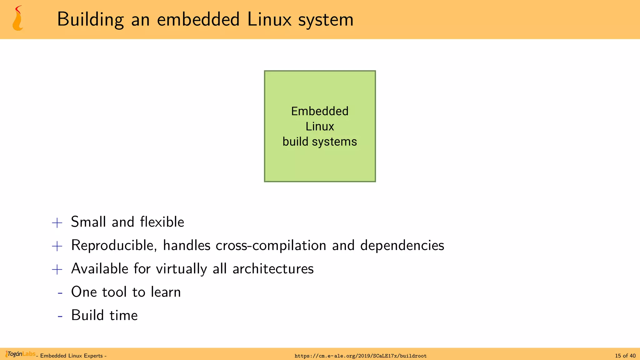 Building an embedded Linux system
+ Small and flexible
+ Reproducible, handles cross-compilation and dependencies
+ Available for virtually all architectures
- One tool to learn
- Build time
- Embedded Linux Experts - https://cm.e-ale.org/2019/SCaLE17x/buildroot 15 of 40
 