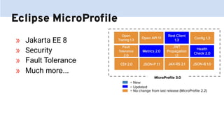 Eclipse MicroProﬁle
» Jakarta EE 8
» Security
» Fault Tolerance
» Much more...
 