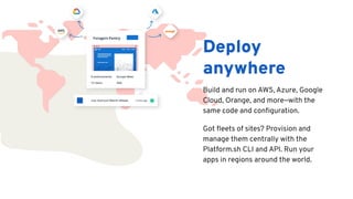 Deploy
anywhere
Build and run on AWS, Azure, Google
Cloud, Orange, and more—with the
same code and conﬁguration.
Got ﬂeets of sites? Provision and
manage them centrally with the
Platform.sh CLI and API. Run your
apps in regions around the world.
 