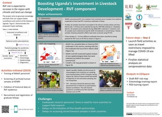 Boosting Uganda’s investment in Livestock
Development - RVF component
Future steps – Year 2
• Launch field activities as
soon as travel
restrictions imposed to
manage COVID-19 are
lifted
• Finalize statistical
analyses on
seroprevalence data
Activities initiated (2019)
• Training of MAAIF personnel
• Screening of archived human
samples at KEMRI
• Collation of historical data on
RVF epidemics
• Recruitment and registration of
graduate fellows
Contact
Bernard Bett
b.bett@cgiar.org
Context
RVF risk is expected to
increase in the region with
climate and land use change
The project aims to generate knowledge
and tools that can support better
surveillance and control of the disease in
Uganda. Figure 1 demonstrates the
proposed impact pathway.
ILRI thanks BMZ and all other donors and organizations which
globally support its work through their contributions to the
CGIAR Trust Fund.
Major achievements
This document is licensed for use under the Creative
Commons Attribution 4.0 International Licence. June 2020
Improved surveillance and
response
National action plans/policies
Tools/knowledge for prediction,
surveillance and control
Gender, Socio-
economics
• Genomics
• Entomology
• Epidemiology
• Diagnostics
1. Genomics
Figure 2. RT-PCR results showing
positive RVFV in some cell cultures
[KEMRI]
2. RVF risk mapping
Figure 3a. Districts affected by RVF
outbreaks [MAAIF]
Figure 3b. Predicted risk from
national sero-prevalence survey
3. Vocational training
Figure 4a. Sampling and characterization of
vectors of RVF [by MAAIF, NaLIRRI and KEMRI]
Challenges
• Inadequate research personnel: there is need for more scientists to
support field research
• Delays on formalization of One Health partnerships
• Delays on accessing stored livestock samples in both countries
Figure 4b. Training on participatory
disease surveillance [VSF-Germany]
• MAAIF, NaLIRRI, KEMRI and ILRI trained 22
entomologists from 6 districts on sampling
and characterization of RVF mosquito vectors
(Figure 4a). Most of those trained had wealth
of expertise on tick and tsetse sampling, but
not mosquitoes
• VSF – Germany trained 36 veterinary field
personnel from 12 districts on participatory
disease surveillance. This will improve
syndromic surveillance for RVF and other
diseases such as PPR
• MAAIF has compiled data on historical RVF
outbreaks in the country, starting with the
first outbreak that occurred in March 2016
(Figure 3a).
• MAAIF and ILRI conducted spatial analysis
of sero-epidemiological data that were
collected just before the project
commenced.
• A draft a risk map generated is shown in
Figure 3b.
• KEMRI commenced RVF virus isolation from archived serum samples from patients
suspected to have had RVF in previous outbreaks in Kenya.
• To date, 50 samples have been inoculated in the African monkey kidney cell lines
(Vero) cells; 7 of these were collected during the 1997/98 outbreak in 1 (Kajiado)
district, 18 samples were collected during 2006/2007 outbreak in 3 districts, and
25 samples were collected during the 2018–19 outbreak in central Kenya. Twenty
samples showing cytopathic effects have been screened using RT-PCR.
• A few samples (n = 3) from different outbreaks have been classified as being
positive for RVF virus on RT-PCR as shown in Figure 2.
• Draft RVF risk map
• Entomology training report
• PDS training report
Research into use
Research into use
Outputs in CGSpace
Figure 1. Impact pathway
Scan to find out more
 