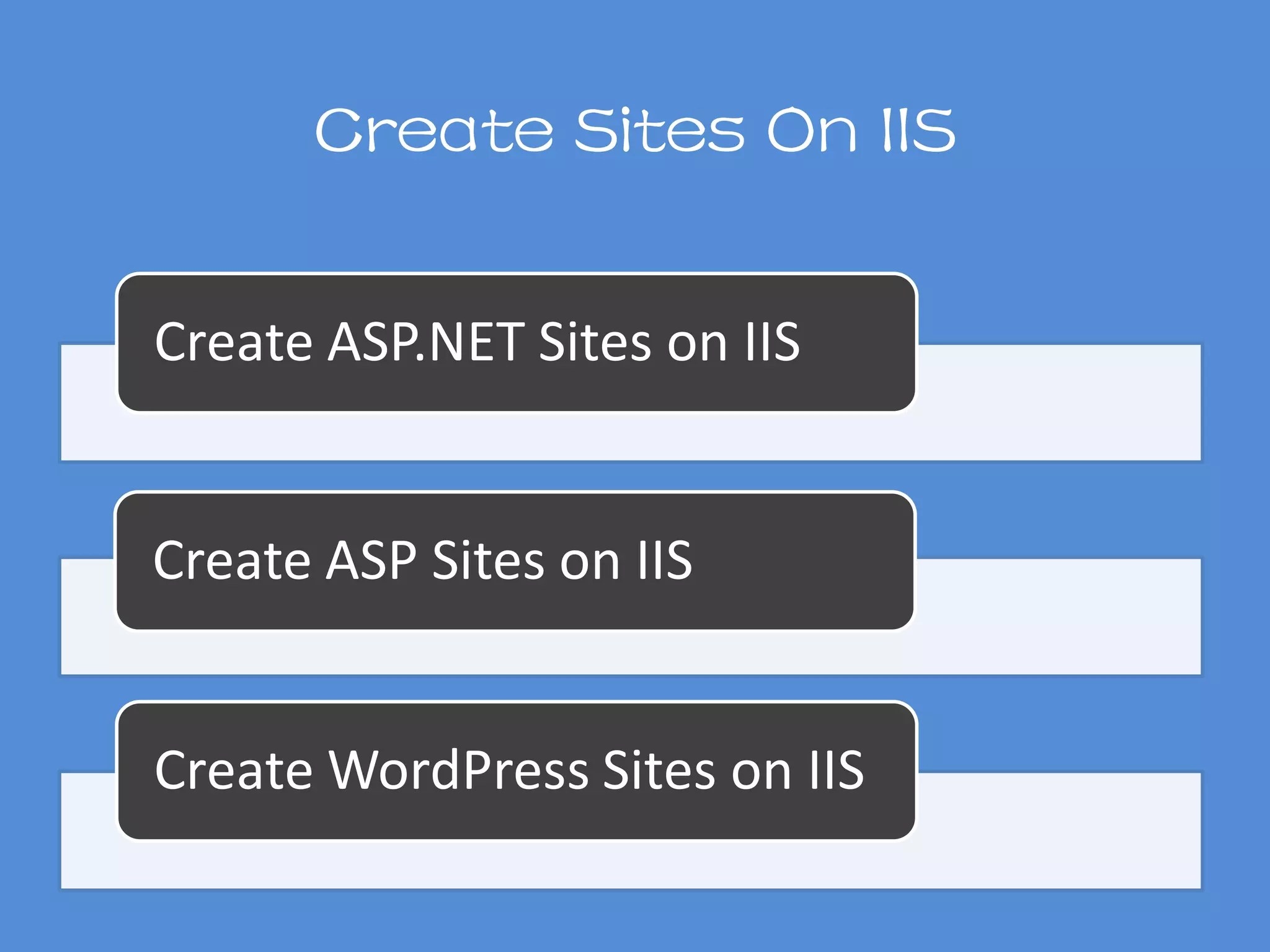 Create Sites On IIS
Create ASP.NET Sites on IIS
Create ASP Sites on IIS
Create WordPress Sites on IIS
 