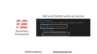 @theburningmonk theburningmonk.com
Serverless
framework
!Ref and !GetAtt works as normal
 