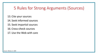 5 Rules for Strong Arguments (Sources)
13. Cite your sources
14. Seek informed sources
15. Seek impartial sources
16. Cross-check sources
17. Use the Web with care
Source: Weston, A. 2009
 