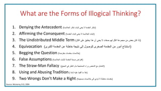 What are the Forms of Illogical Thinking?
1. Denying the Antecedent (‫الخالصة‬ ‫إنكار‬ ‫إثبات‬ ‫يعني‬ ‫ال‬ ‫المقدمة‬ ‫إنكار‬)
2. Affirming the Consequent (‫المقدمة‬ ‫إثبات‬ ‫يعني‬ ‫ال‬ ‫الخالصة‬ ‫إثبات‬)
3. The Undistributed Middle Term (‫الكل‬ ‫على‬ ‫ينطبق‬ ‫هذا‬ ‫أن‬ ‫يعني‬ ‫ال‬ ‫صفات‬ ‫لهم‬ ‫الكل‬ ‫مجموعة‬ ‫من‬ ‫بعض‬ ‫كان‬ ‫إذا‬)
4. Equivocation (‫الكبرى‬ ‫المقدمة‬ ‫عن‬ ‫خاطئة‬ ‫نتيجة‬ ‫إلى‬ ‫للوصول‬ ‫الصغرى‬ ‫المقدمة‬ ‫من‬ ‫أمور‬ ‫استنتاج‬)
5. Begging the Question (‫مفترضة‬ ‫بمقدمات‬ ‫خالصات‬)
6. False Assumptions (‫الخالصة‬ ‫إلثبات‬ ‫المقدمة‬ ‫صحة‬ ‫افتراض‬)
7. The Straw-Man Fallacy (‫الحجج‬ ‫في‬ ‫النظر‬ ‫بدل‬ ‫المحاججة‬ ‫وراء‬ ‫الشخص‬ ‫مع‬ ‫التعامل‬)
8. Using and Abusing Tradition (‫آبائنا‬ ‫عليه‬ ‫ألفينا‬ ‫ما‬ ‫هذا‬)
9. Two Wrongs Don’t Make a Right (‫صحيحة‬ ‫خالصات‬ ‫إلى‬ ‫تؤدي‬ ‫ال‬ ‫خاطئة‬ ‫مقدمات‬)
Source: McInerny, D.Q. 2004
 