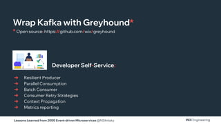 Lessons Learned from 2000 Event-driven Microservices @NSilnitsky
➔ Resilient Producer
➔ Parallel Consumption
➔ Batch Consumer
➔ Consumer Retry Strategies
➔ Context Propagation
➔ Metrics reporting
Developer Self-Service:
Wrap Kafka with Greyhound*
* Open source: https://github.com/wix/greyhound
 