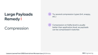 Lessons Learned from 2000 Event-driven Microservices @NSilnitsky
Large Payloads
Remedy I
Compression
→ Try several compression types (lz4, snappy,
etc.)
→ Compression on Kafka level is usually
better than application level, as payloads
can be compressed in batches
 