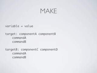 MAKE

variable = value

target: componentA componentB
    commandA
    commandB

targetB: componentC componentD
    commandA
    commandB
 