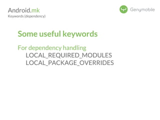 Android.mk 
Keywords (dependency) 
Some useful keywords 
For dependency handling 
LOCAL_REQUIRED_MODULES 
LOCAL_PACKAGE_OVERRIDES 
 