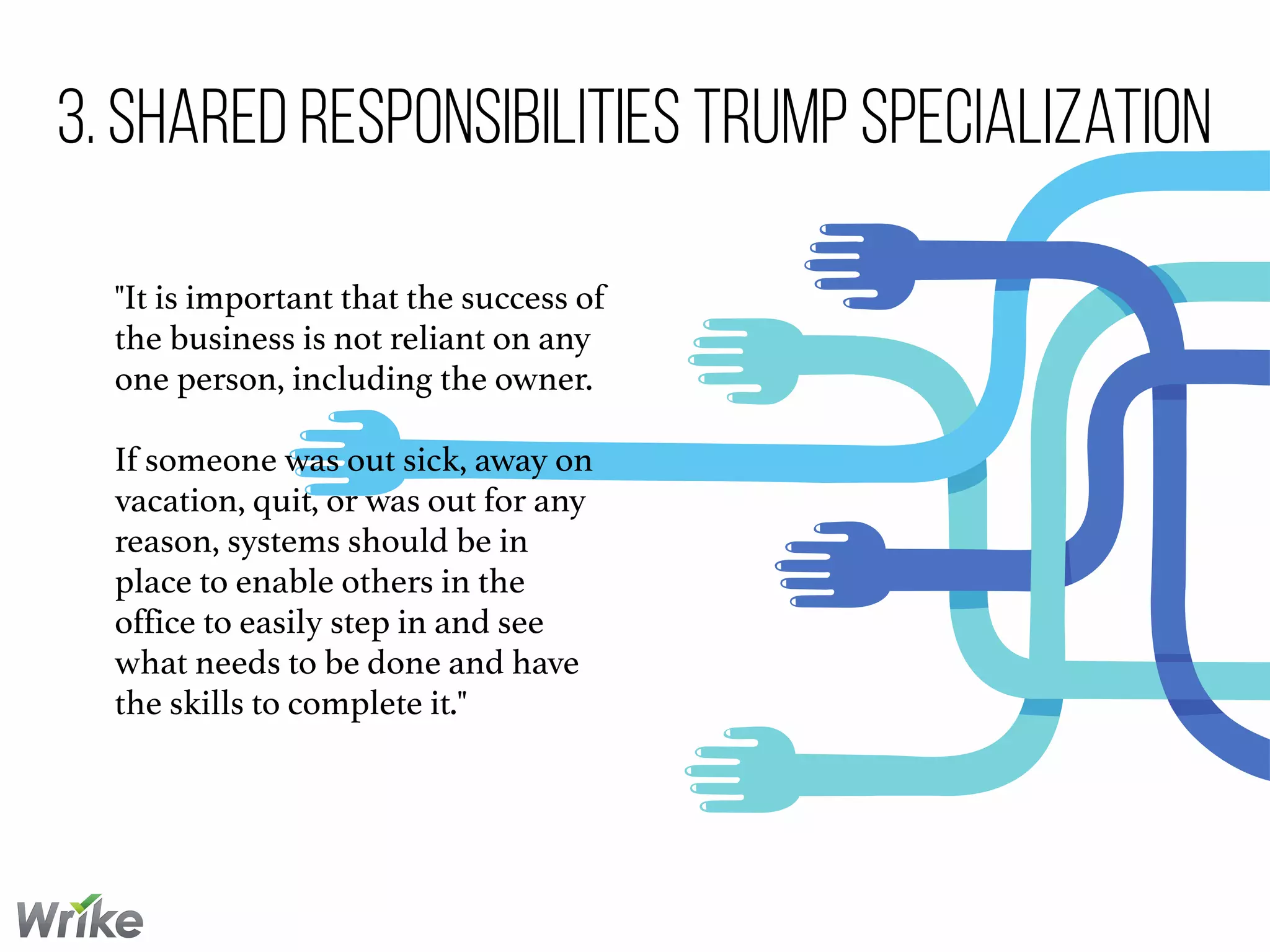 3. Shared Responsibilities Trump Specialization
"It is important that the success of
the business is not reliant on any
one person, including the owner.
If someone was out sick, away on
vacation, quit, or was out for any
reason, systems should be in
place to enable others in the
office to easily step in and see
what needs to be done and have
the skills to complete it."
 