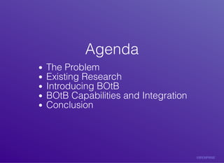 AgendaAgenda
The	Problem
Existing	Research
Introducing	BOtB
BOtB	Capabilities	and	Integration
Conclusion
 