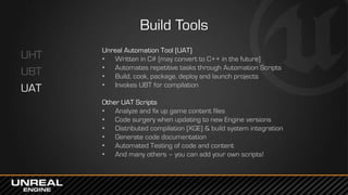 Build Tools
UHT
UBT
UAT
Unreal Automation Tool (UAT)
• Written in C# (may convert to C++ in the future)
• Automates repeti...