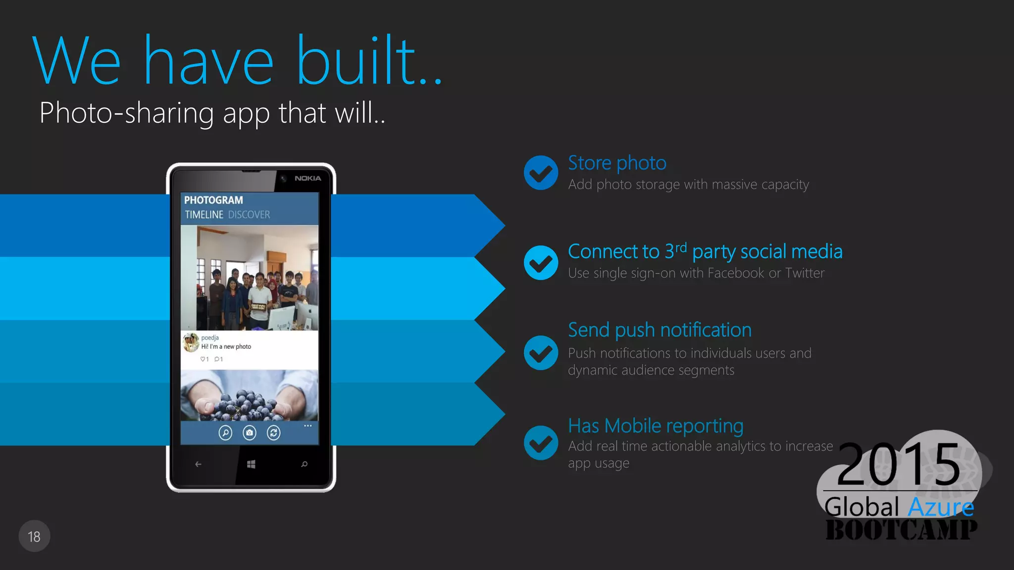 18
Store photo
Add photo storage with massive capacity
Connect to 3rd party social media
Use single sign-on with Facebook or Twitter
Send push notification
Push notifications to individuals users and
dynamic audience segments
Has Mobile reporting
Add real time actionable analytics to increase
app usage
We have built..
Photo-sharing app that will..
 