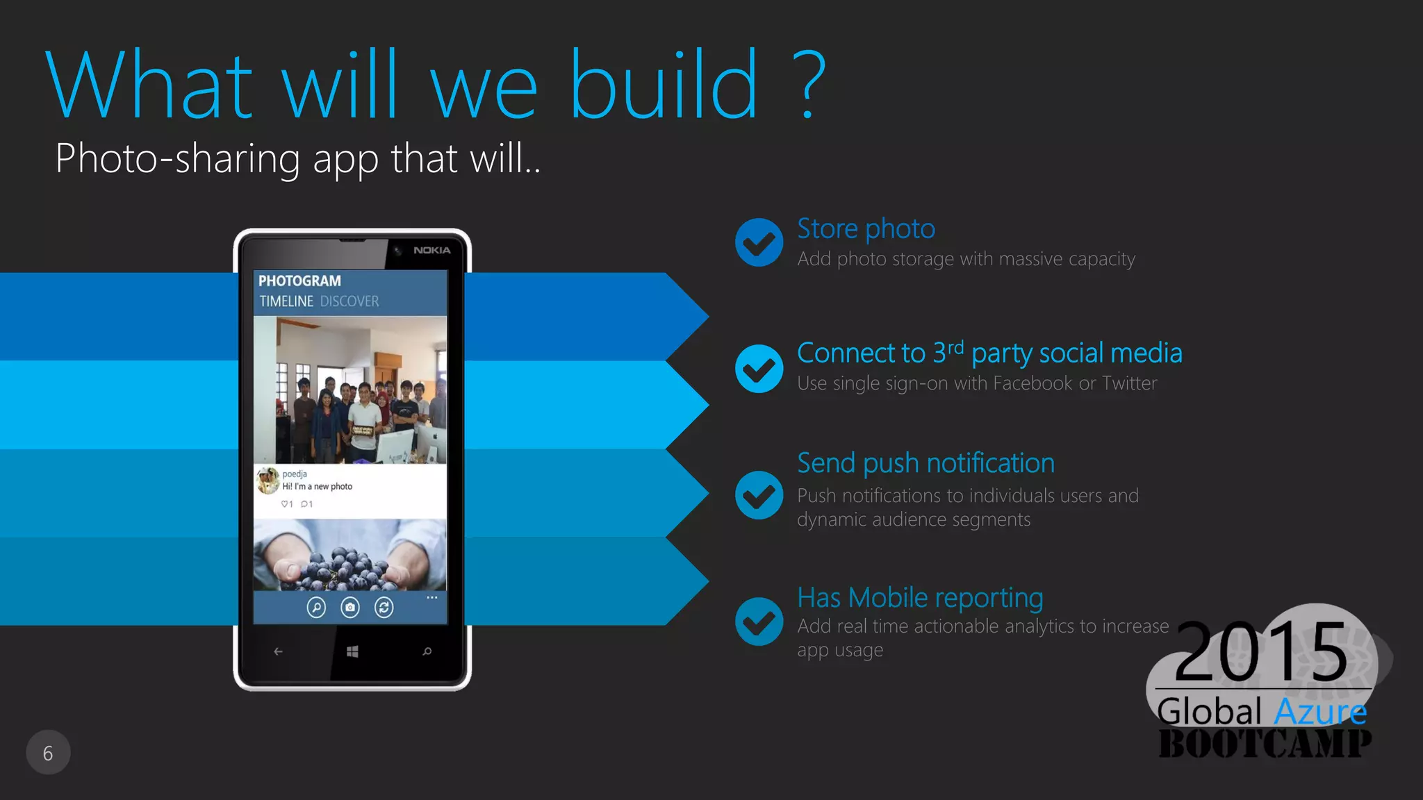 6
Store photo
Add photo storage with massive capacity
Connect to 3rd party social media
Use single sign-on with Facebook or Twitter
Send push notification
Push notifications to individuals users and
dynamic audience segments
Has Mobile reporting
Add real time actionable analytics to increase
app usage
What will we build ?
Photo-sharing app that will..
 
