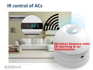 IR control of ACs
IR control of ACs
Wireless Sensors with
IR learning & re-
transmission.
 