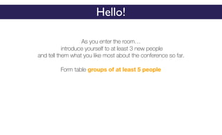 Hello!
As you enter the room…
introduce yourself to at least 3 new people
and tell them what you like most about the conference so far.
Form table groups of at least 5 people
 