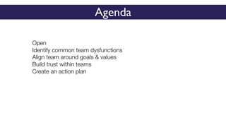 Agenda
Open
Identify common team dysfunctions
Align team around goals & values
Build trust within teams
Create an action plan
 