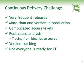 Continuous Delivery Challenge

   Very frequent releases
   More than one version in production
   Complicated access levels
   Root cause analysis
    > Tracing from binaries to source
 Version tracking
 Not everyone is ready for CD


                                          10
 