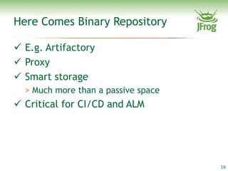 Here Comes Binary Repository

 E.g. Artifactory
 Proxy
 Smart storage
  > Much more than a passive space
 Critical for CI/CD and ALM




                                     16
 